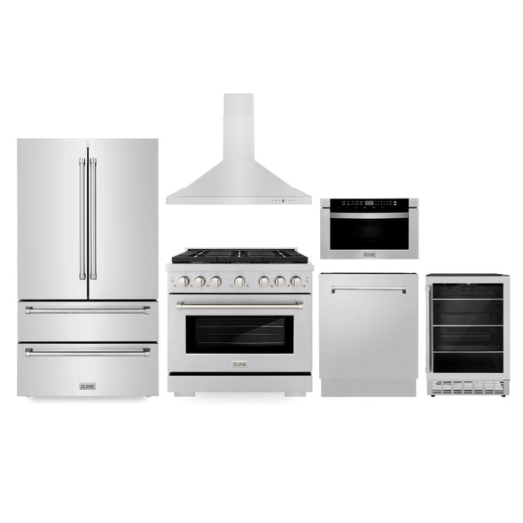 ZLINE Appliance Package - 36-Inch Gas Range, Refrigerator, Range Hood, Microwave Drawer, Tall Tub Dishwasher and Beverage Fridge in Stainless Steel (6KPR-SGRRH36-MWDWV-RBV)