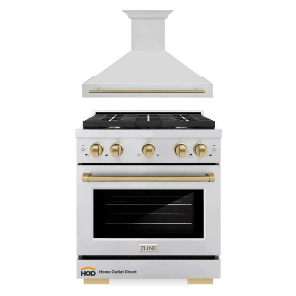 ZLINE Autograph Edition 2-Piece Appliance Package - 30-Inch Gas Range & Wall Mounted Range Hood in Stainless Steel with Champagne Bronze Trim (2AKP-SGRRH30-CB)