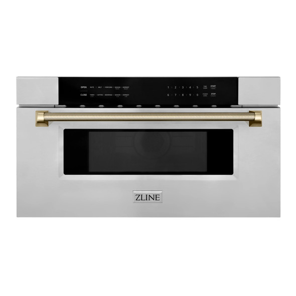 ZLINE Autograph 30-Inch Microwave Drawer in Stainless Steel and Polished Gold Helix Handle (MWDZ-30-KG)