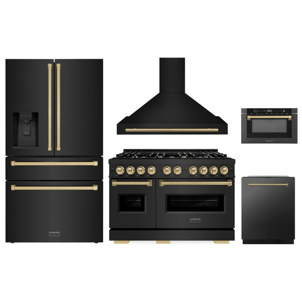 ZLINE 5-Piece Appliance Package - 48-Inch Gas Range, Hood, Refrigerator with Water Dispenser, Dishwasher, and Microwave Drawer in Black Stainless Steel with Champagne Bronze Accents