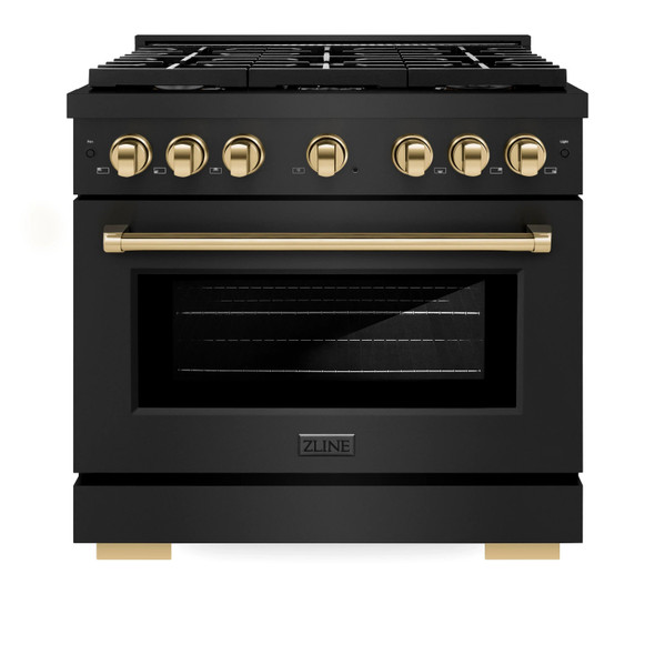 ZLINE Autograph Edition 2-Piece Appliance Package - 36-Inch Gas Range & Wall Mounted Range Hood in Black Stainless Steel with Gold Trim (2AKP-SGRBRH36-G)
