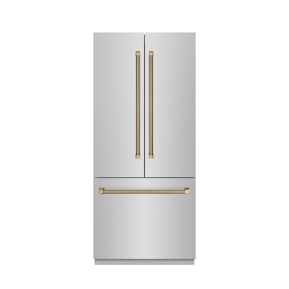 ZLINE Autograph 36-Inch French Door Built-In Refrigerator w/ Gray Interior and Bronze Helix Handles (GRBIVZ-30436KCB)