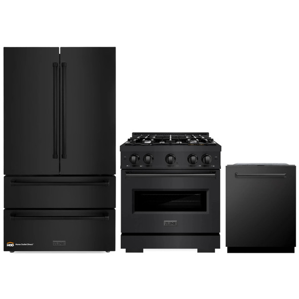 ZLINE 3-Piece Appliance Package - 30-Inch Gas Range, Refrigerator, and Dishwasher in Black Stainless Steel