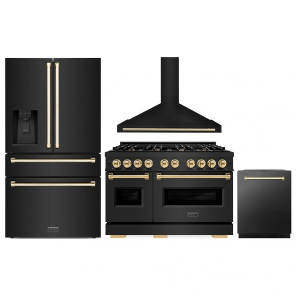 ZLINE 4-Piece Appliance Package - 48-Inch Dual Fuel Range, Hood, Refrigerator with Water Dispenser, and Dishwasher in Black Stainless Steel with Gold Accents