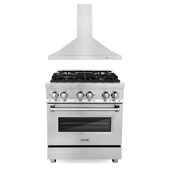 ZLINE 2-Piece Appliance Package - 30-inch Dual Fuel Range in Stainless Steel with Satin Stainless Steel Door and Convertible Wall Mount Hood in Stainless Steel (2KP-RASNRH30)