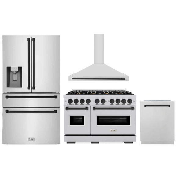 ZLINE 4-Piece Appliance Package - 48-Inch Gas Range, Hood, Refrigerator with Water Dispenser, and Dishwasher in Stainless Steel with Matte Black Accents