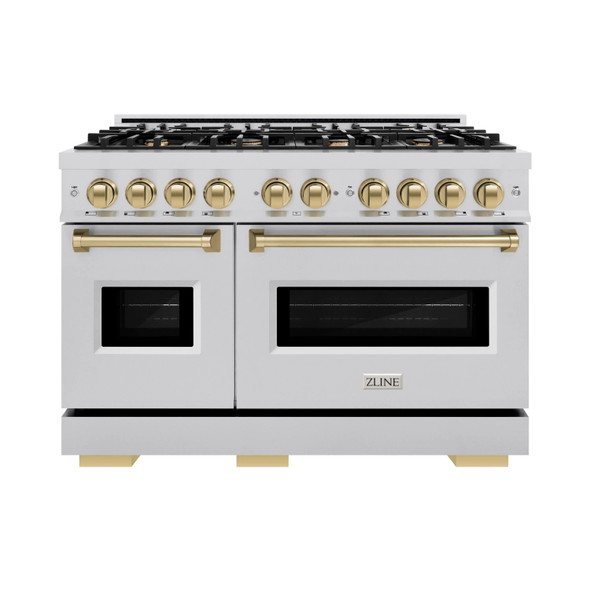 ZLINE 4-Piece Appliance Package - 48-Inch Dual Fuel Range, Hood, Refrigerator with Water Dispenser, and Dishwasher in Stainless Steel with Champagne Bronze Accents