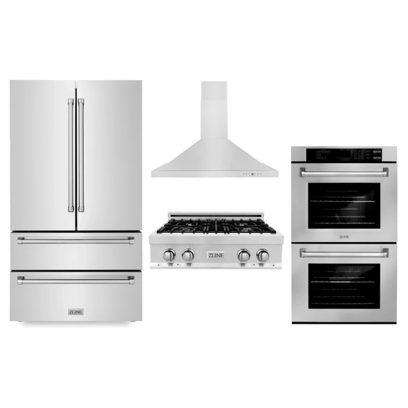 ZLINE 4-Piece Appliance Package - 30-Inch Rangetop, 30-Inch Double Wall Oven, 36-Inch Refrigerator, and Convertible Wall Mount Hood in Stainless Steel (4KPR-RTRH30-AWD)