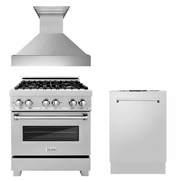 ZLINE 3-Piece Appliance Package - 30-inch Dual Fuel Range, Tall Tub Dishwasher & Premium Wall Mount Hood in Satin Stainless Steel (3KP-RASRH30-DWV)