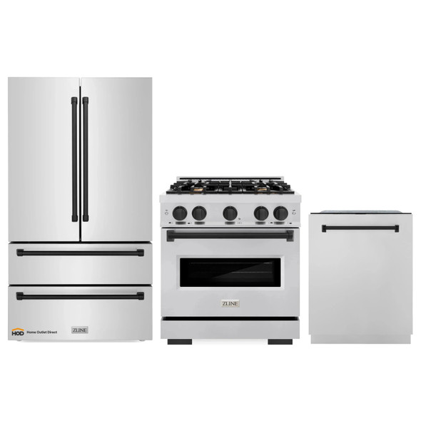 ZLINE 3-Piece Appliance Package - 30-Inch Dual Fuel Range, Refrigerator, and Dishwasher in Stainless Steel with Matte Black Accents