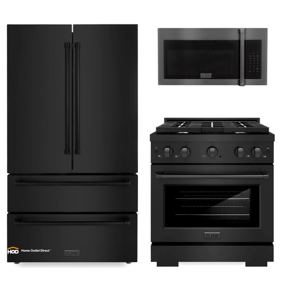 ZLINE 3-Piece Appliance Package - 30-inch Gas Range, 36-inch Refrigerator, Over the Range Microwave/Vent Hood Combo in Black Stainless Steel (3KPR-SGRBOTRH30)