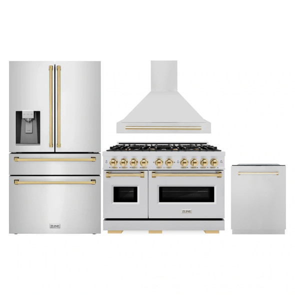 ZLINE 4-Piece Appliance Package - 48-Inch Dual Fuel Range, Hood, Refrigerator with Water Dispenser, and Dishwasher in Stainless Steel with Gold Accents