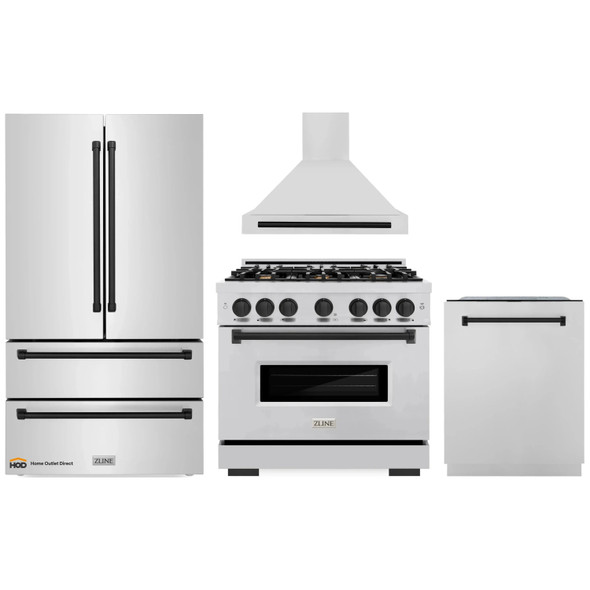 ZLINE 4-Piece Appliance Package - 36-Inch Gas Range, Hood, Refrigerator, and Dishwasher in Stainless Steel with Matte Black Accents