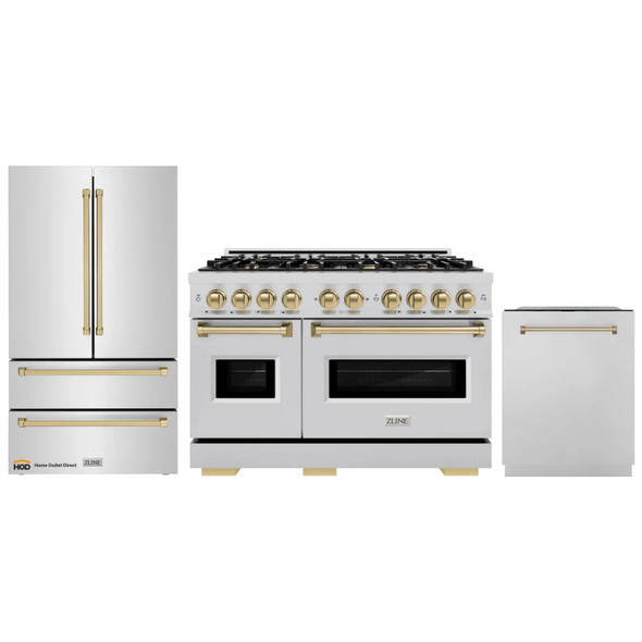 ZLINE 3-Piece Appliance Package - 48-Inch Dual Fuel Range, Refrigerator, and Dishwasher in Stainless Steel with Champagne Bronze Accents