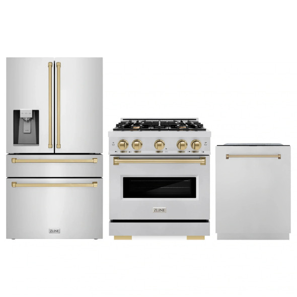 ZLINE 3-Piece Appliance Package - 30-Inch Gas Range, Refrigerator with Water Dispenser, and Dishwasher in Stainless Steel with Champagne Bronze Accents