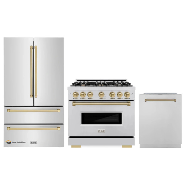 ZLINE 3-Piece Appliance Package - 36-Inch Dual Fuel Range, Refrigerator, and Dishwasher in Stainless Steel with Champagne Bronze Accents