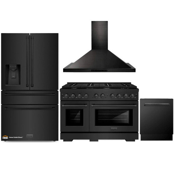 ZLINE 4-Piece Appliance Package - 48-Inch Gas Range, Refrigerator with Water Dispenser, Convertible Wall Mount Hood, and 3-Rack Dishwasher in Black Stainless Steel (4KPRW-SGRBRH48-DWV)