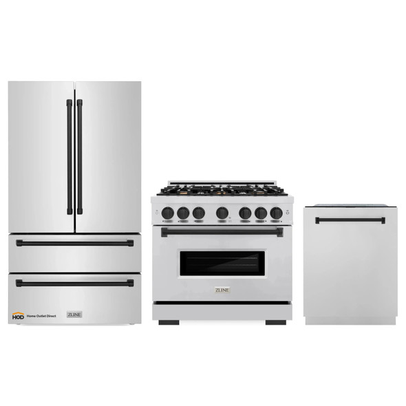 ZLINE 3-Piece Appliance Package - 36-Inch Dual Fuel Range, Refrigerator, and Dishwasher in Stainless Steel with Matte Black Accents