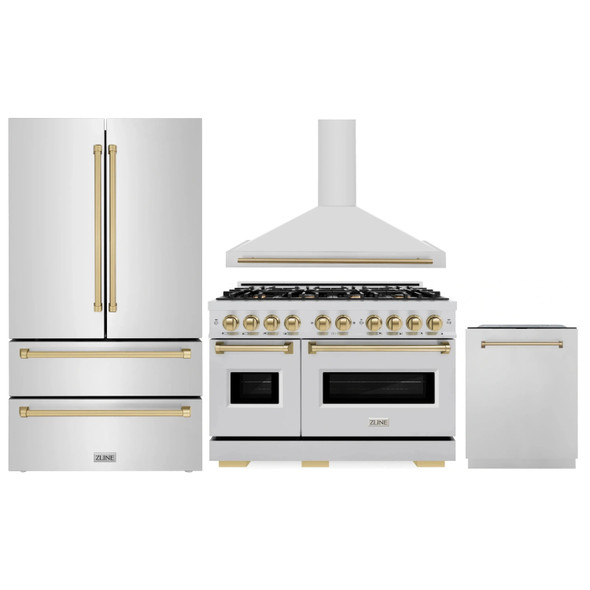 ZLINE 4-Piece Appliance Package - 48-Inch Gas Range, Hood, Refrigerator, and Dishwasher in Stainless Steel with Champagne Bronze Accents