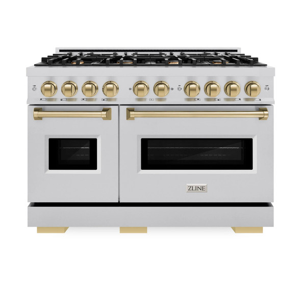 ZLINE 4-Piece Appliance Package - 48-Inch Gas Range, Hood, Refrigerator, and Dishwasher in Stainless Steel with Champagne Bronze Accents