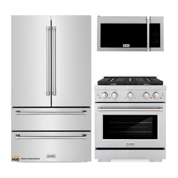 ZLINE 3-Piece Appliance Package - 30-Inch Gas Range, Refrigerator, & Over-the-Range Microwave/Vent Hood Combo (3KPR-SGROTRH30)
