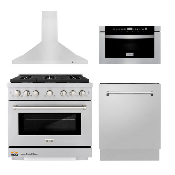 ZLINE 4-Piece Appliance Package - 36-inch Gas Range, Tall Tub Dishwasher, Microwave Drawer & Premium Hood (4KP-SGRRH36-MWDWV)
