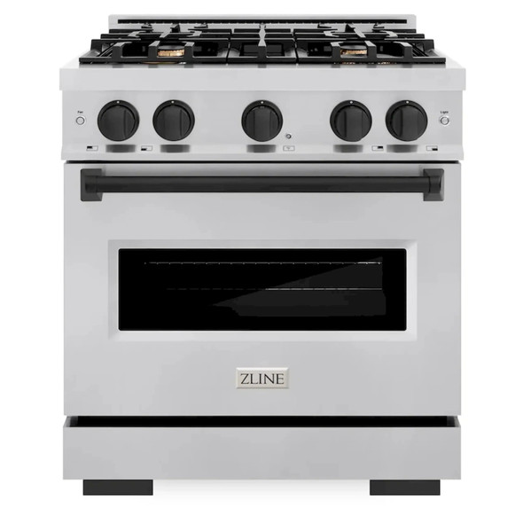 ZLINE 3-Piece Appliance Package - 30-Inch Gas Range, Refrigerator, and Dishwasher in Stainless Steel with Matte Black Accents