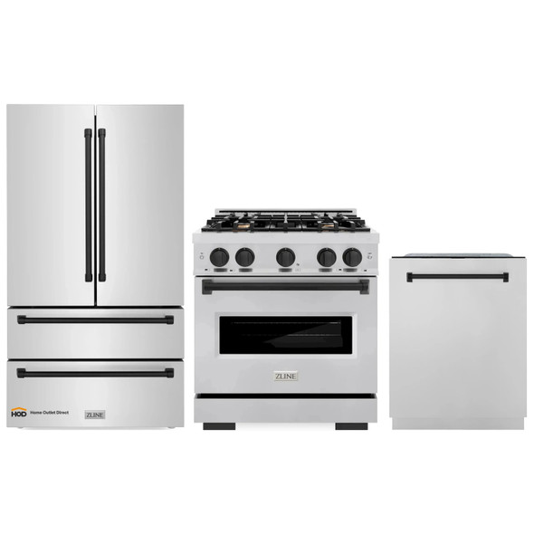 ZLINE 3-Piece Appliance Package - 30-Inch Gas Range, Refrigerator, and Dishwasher in Stainless Steel with Matte Black Accents