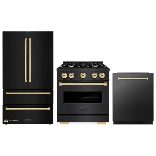 ZLINE 3-Piece Appliance Package - 30-Inch Gas Range, Refrigerator, and Dishwasher in Black Stainless Steel with Gold Accents