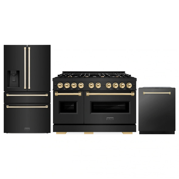 ZLINE 3-Piece Appliance Package - 48-Inch Dual Fuel Range, Refrigerator with Water Dispenser, and Dishwasher in Black Stainless Steel with Gold Accents