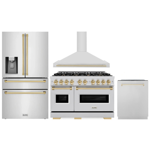 ZLINE 4-Piece Appliance Package - 48-Inch Gas Range, Hood, Refrigerator with Water Dispenser, and Dishwasher in Stainless Steel with Gold Accents