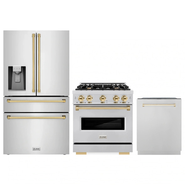 ZLINE 3-Piece Appliance Package - 30-Inch Gas Range, Refrigerator with Water Dispenser, and Dishwasher in Stainless Steel with Gold Accents