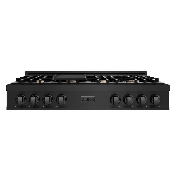 ZLINE 4-Piece Appliance Package - 48-Inch Rangetop with Brass Burners, Refrigerator, 30-Inch Electric Double Wall Oven, and Convertible Wall Mount Hood in Black Stainless Steel (4KPR-RTBRH48-AWD)