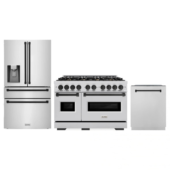 ZLINE 3-Piece Appliance Package - 48-Inch Dual Fuel Range, Refrigerator with Water Dispenser, and Dishwasher in Stainless Steel with Matte Black Accents