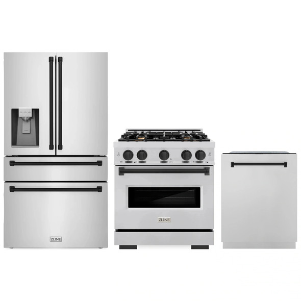ZLINE 3-Piece Appliance Package - 30-Inch Dual Fuel Range, Refrigerator with Water Dispenser, and Dishwasher in Stainless Steel with Matte Black Accents