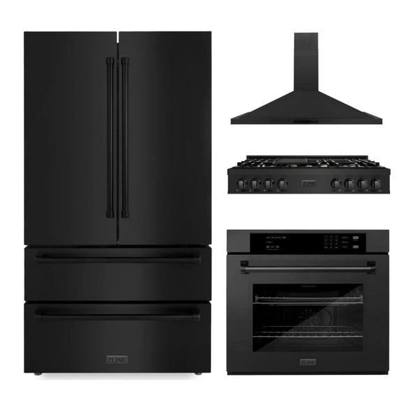 ZLINE 4-Piece Appliance Package - 48-Inch Rangetop with Brass Burners, Refrigerator, 30-Inch Electric Wall Oven, and Convertible Wall Mount Hood in Black Stainless Steel (4KPR-RTBRH48-AWS)