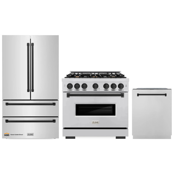 ZLINE 3-Piece Appliance Package - 36-Inch Gas Range, Refrigerator, and Dishwasher in Stainless Steel with Matte Black Accents