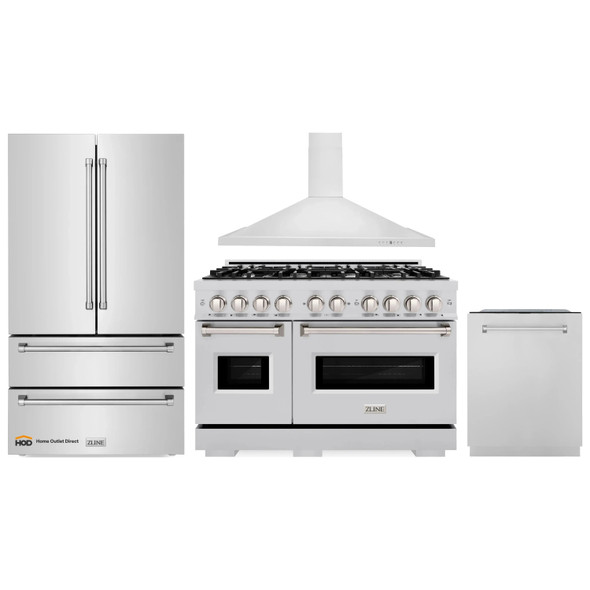 ZLINE 4-Piece Appliance Package - 48-Inch Dual Fuel Range, Hood, Refrigerator, and Dishwasher in Stainless Steel