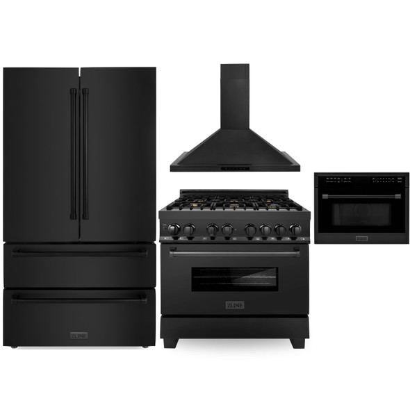 ZLINE 4-Piece Appliance Package - 36-Inch Dual Fuel Range with Brass Burners, Refrigerator, Convertible Wall Mount Hood, and Microwave Oven in Black Stainless Steel (4KPR-RABRH36-MWO)