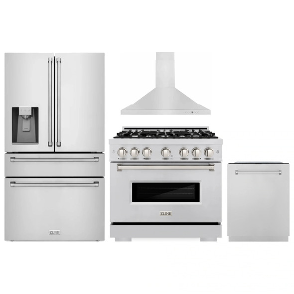 ZLINE 4-Piece Appliance Package - 36-Inch Dual Fuel Range, Hood, Refrigerator with Water Dispenser, and Dishwasher in Stainless Steel