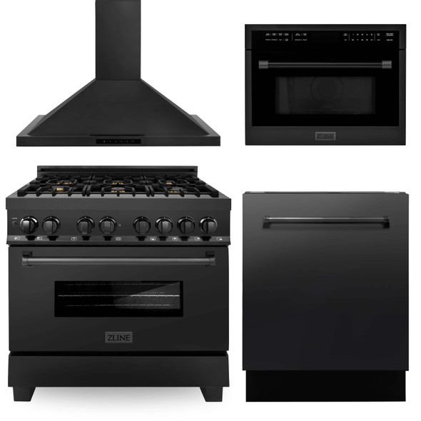 ZLINE 4-Piece Appliance Package - 36-Inch Dual Fuel Range with Brass Burners, Convertible Wall Mount Hood, Microwave Oven, and 3-Rack Dishwasher in Black Stainless Steel (4KP-RABRH36-MODWV)