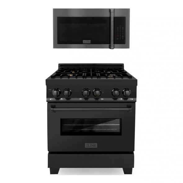 ZLINE 2-Piece Appliance Package - 30-Inch Dual Fuel Range & Over-the-Range Microwave in Black Stainless Steel