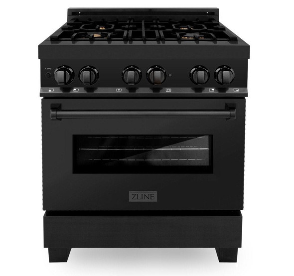 ZLINE 4-Piece Appliance Package - 30-Inch Dual Fuel Range with Brass Burners, Refrigerator with Water Dispenser, Convertible Wall Mount Hood, and Microwave Drawer in Black Stainless Steel (4KPRW-RABRH30-MWD)