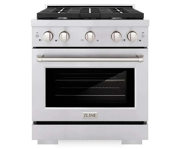 ZLINE 4-Piece Appliance Package - 30-Inch Gas Range, Refrigerator, Convertible Wall Mount Hood, and Microwave Oven in Stainless Steel (4KPR-SGRRH30-MO)