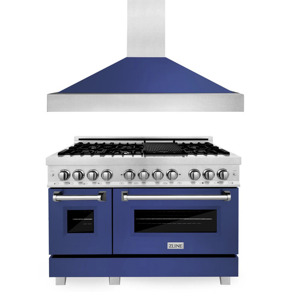 ZLINE 2-Piece Appliance Package - 48-inch Dual Fuel Range & Premium Range Hood in Satin Stainless Steel with Blue Matte (2KP-RASBMRH48)