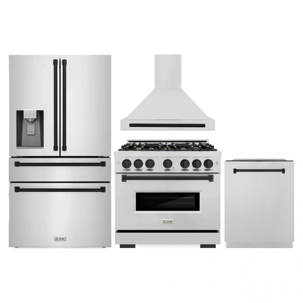 ZLINE 4-Piece Appliance Package - 36-Inch Dual Fuel Range, Hood, Refrigerator with Water Dispenser, and Dishwasher in Stainless Steel with Matte Black Accents