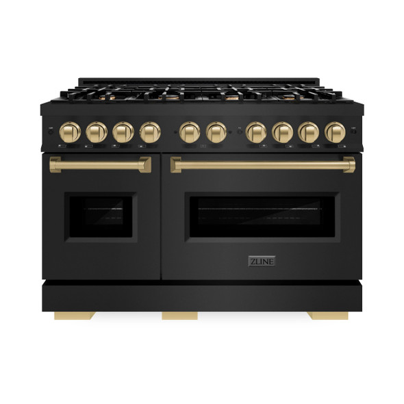 ZLINE 4-Piece Appliance Package - 48-Inch Gas Range, Hood, Refrigerator, and Dishwasher in Black Stainless Steel with Champagne Bronze Accents