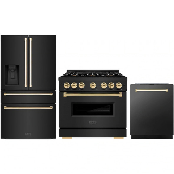 ZLINE 3-Piece Appliance Package - 36-Inch Dual Fuel Range, Refrigerator with Water Dispenser, and Dishwasher in Black Stainless Steel with Gold Accents