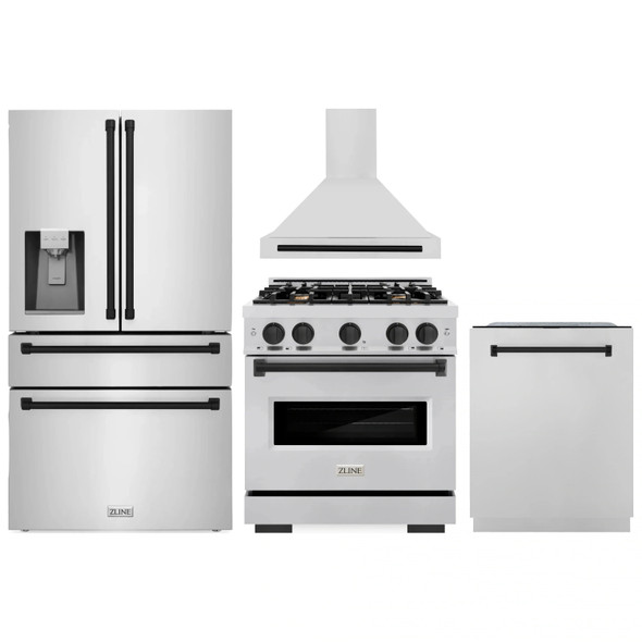 ZLINE 4-Piece Appliance Package - 30-Inch Dual Fuel Range, Hood, Refrigerator with Water Dispenser, and Dishwasher in Stainless Steel with Matte Black Accents