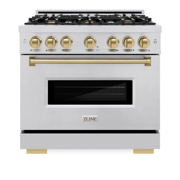 ZLINE 4-Piece Appliance Package - 36-Inch Gas Range, Hood, Refrigerator, and Dishwasher in Stainless Steel with Champagne Bronze Accents